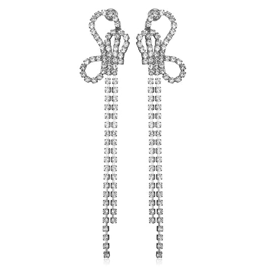 Bow Earrings Silver Rhinestone Earrings Dangle Earrings Bow Earrings for Women Long Dangle Earrings for Women