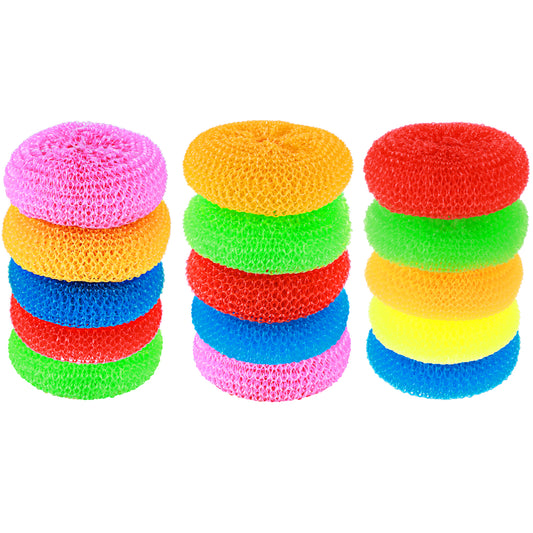 Plastic Dish Scrubbers for Dishes Plastic Pot Round Scrubber Scouring Pad 15 Pieces Assorted Colors Dish Scrubber Nylon Mesh Scouring Dish Pads Non Scratch Dish Scrubber for Kitchen Cleaning