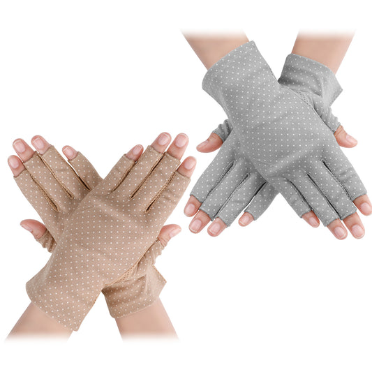 Telooco 2 Pairs UV Protection Gloves Sunblock Fingerless Gloves for Women Summer Outdoor Cycling Driving Gloves (Gray + Khaki)
