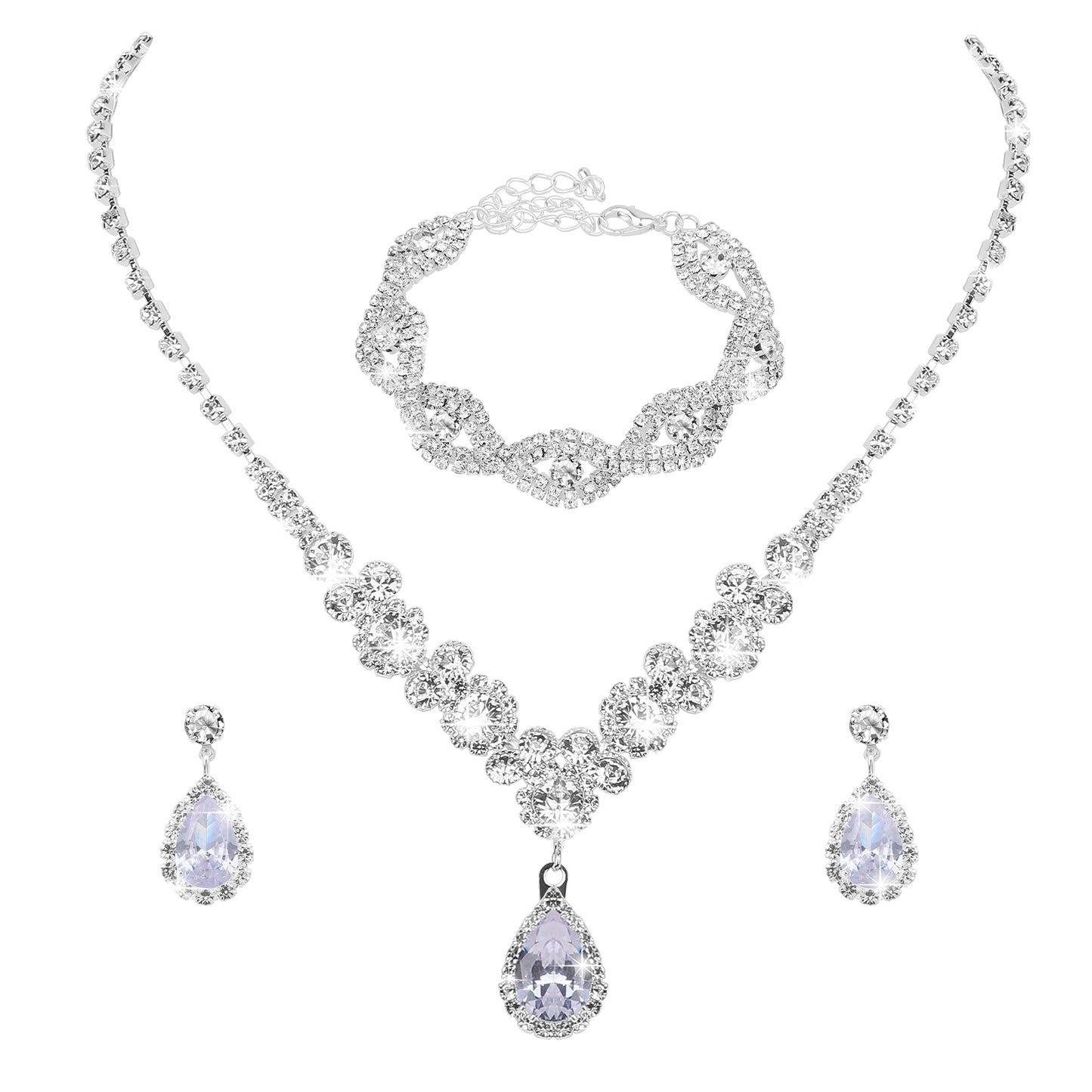 Josojoou 4 Pcs Silver Earrings Necklace Bracelet Set for Brides Bridesmaids, Crystal Bridal Wedding Jewelry Set Elegant Silver Jewelry Accessories for Evening Wedding Prom Party