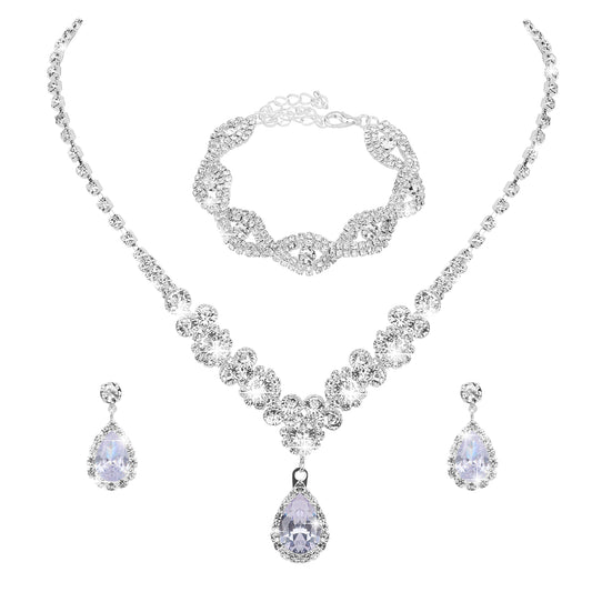Josojoou 4 Pcs Silver Earrings Necklace Bracelet Set for Brides Bridesmaids, Crystal Bridal Wedding Jewelry Set Elegant Silver Jewelry Accessories for Evening Wedding Prom Party
