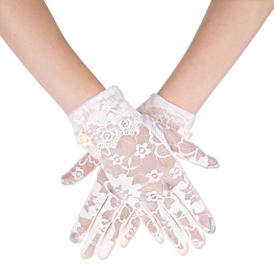 Yolve White Lace Gloves Short Floral Tea Gloves With Bow Vintage Elegant Mitten Sheer Glove Women for Wedding Opera Tea Party Halloween Events Costume Accessories