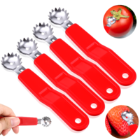 Stainless Steel Tomato Corer Tool, 4 Pcs Strawberry Huller Stem Remover, Kitchen Fruit Vegetable Baller, Red Plastic Handle, Efficient Dessert Salad Preparation