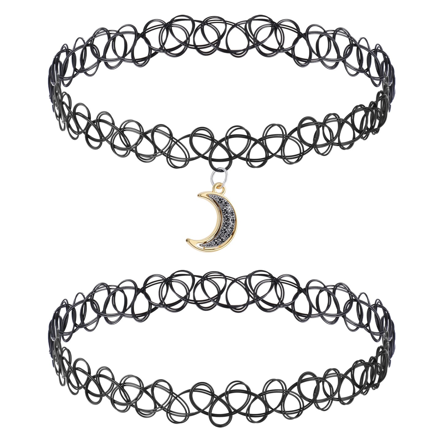 DIVINA VITAE 2 Pcs Black Tattoo Choker Necklace Set(Moon)