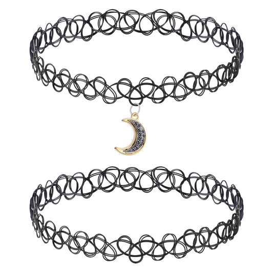 DIVINA VITAE 2 Pcs Black Tattoo Choker Necklace Set(Moon)