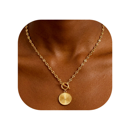 Yolev Gold Pendant Necklaces for Women, 14K Gold Plated Circle Gold Chunky Necklace With Chain, Dainty Toggle Clasp Necklace, Trendy Necklaces for Women Wedding Party Jewelry Gifts