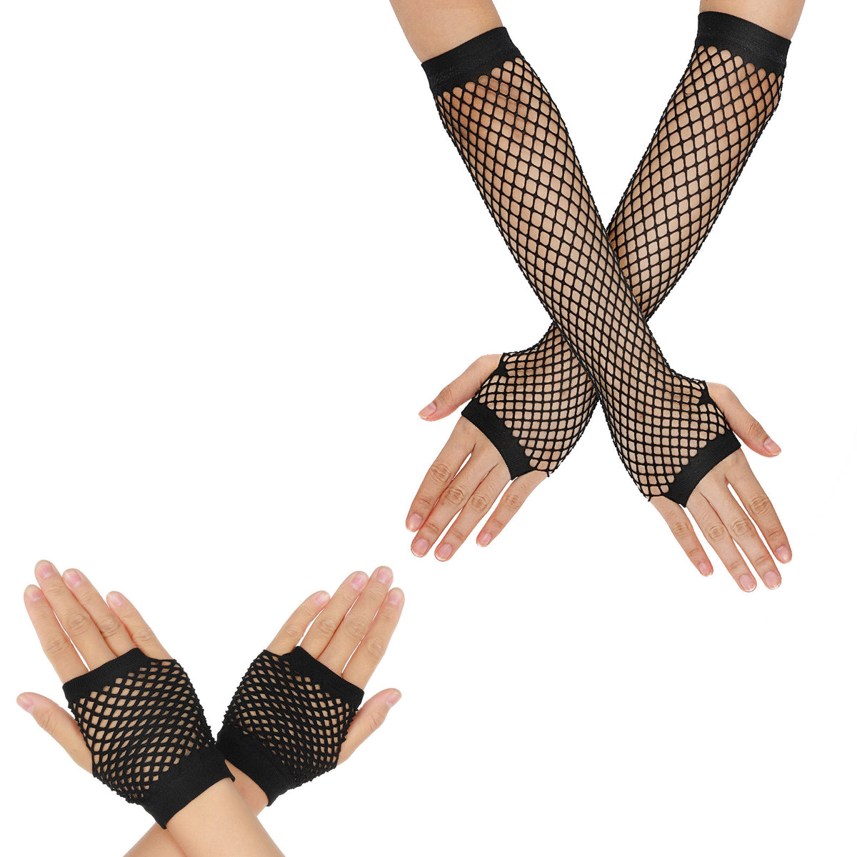 2Pairs 80s Black Fishnet Gloves, Fingerless Mesh Gloves for Halloween Party