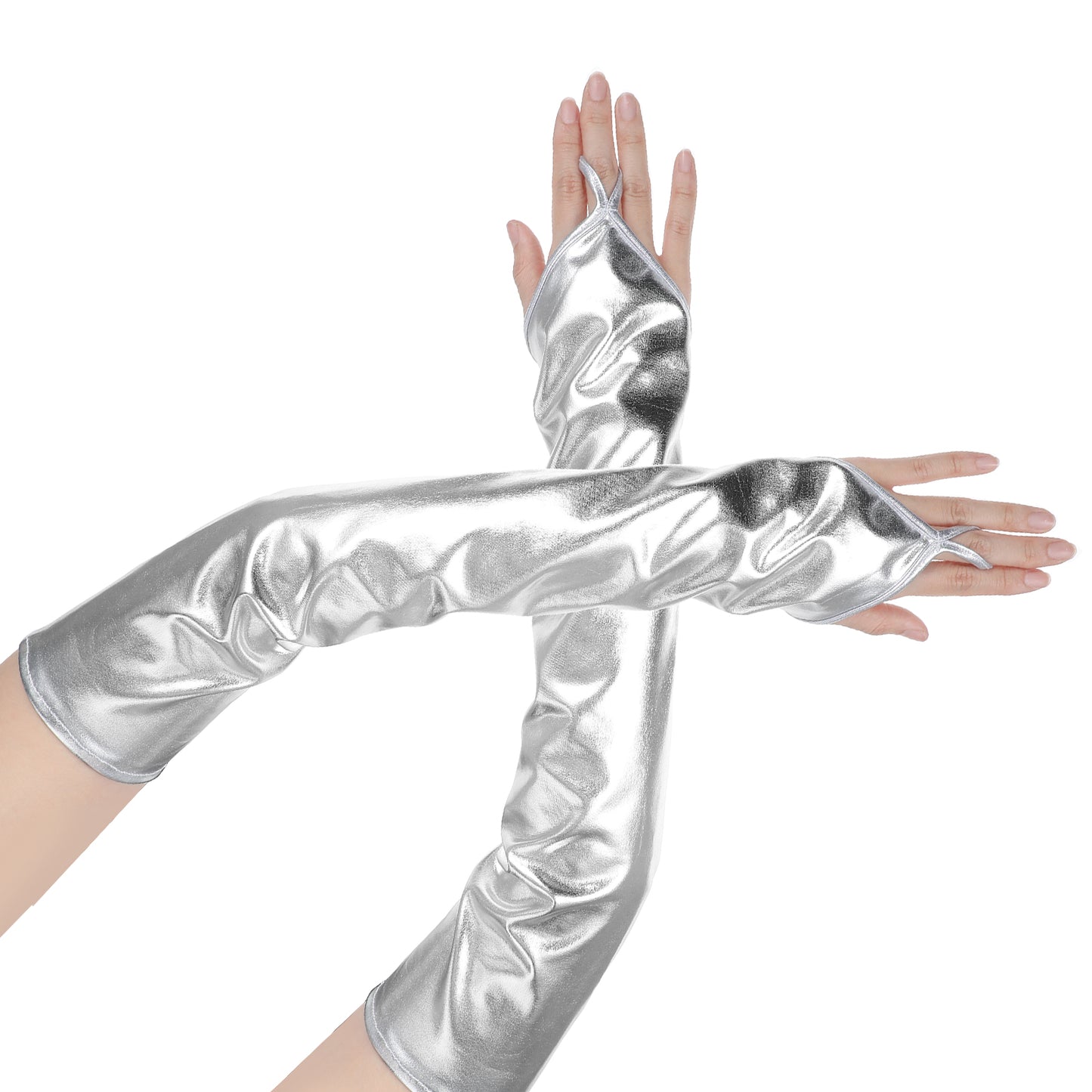 HaiFafafaing Metallic Fingerless Gloves Wet Look Long Silver Gloves Sexy For Stage Cosplay Night Club Halloween Party Costume(Silver)
