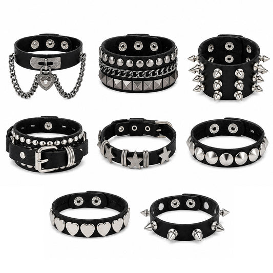 Gemoioio 8Pcs Spiked Rivets Punk Gothic PU Leather Bracelets