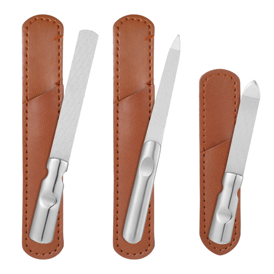 Metal Nail File with Travel Leather Case,Medium Grit Stainless Steel Fingernail Files,Double Reusable Sided Grit Nail Filer for Thick Toenails, Mini Travel Nails Filer