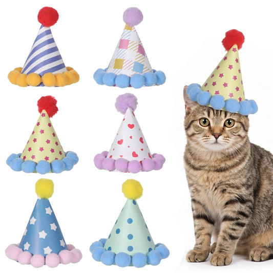 Josojoou 6PCS Mini Party Hats, Stuffed Animal Party Hats with Pom Poms, Colorful Birthday Hat for Stuffed Animals, for Cats, Dogs, Toys, Adults, Photo Props.