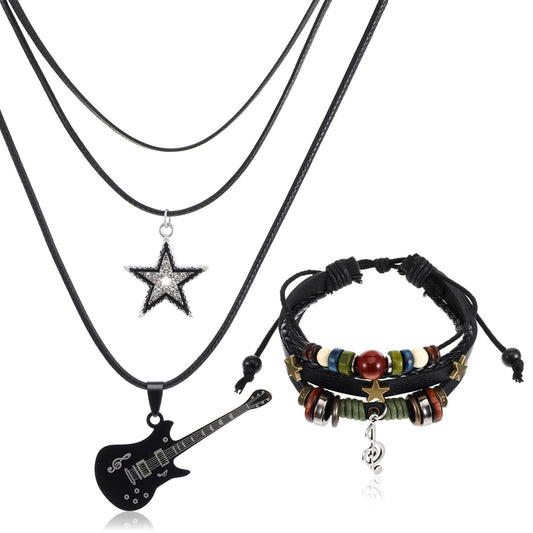 Telooco Y2K Star Guitar Necklace, Multilayer Grunge Bracelet Set Punk Rock Star Layered Choker Music Guitar Grunge Accessories for Women Men