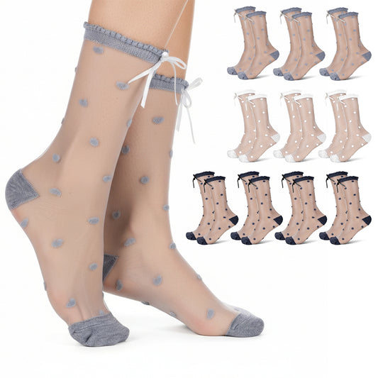 Josojoou 10 Pairs Polka Dot Sheer Socks Women with Bows, Breathable Sheer Lace Ruffle Socks Women, Ultra-Thin Cool Polka Dot Sheers Ankle Sock with Ruffles, Fashionable Versatile, See Through Thin