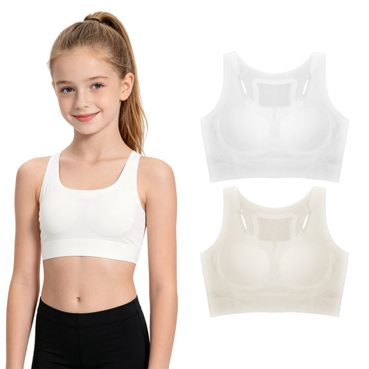 Ziuohaa 2 Pack Girls Sports Bra - Racerback Training Bras for Girls Kids 10-12 12-14 with Sewn in Pads - White Skin 8-12 12-14 Years(L,White Skin)