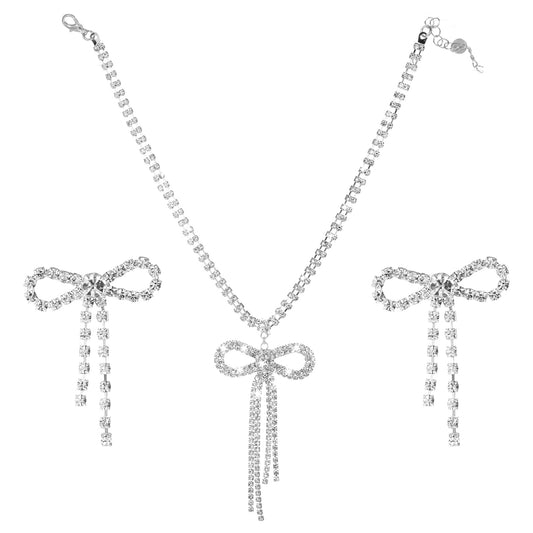 Josojoou Silver Rhinestone Jewelry Set for Women, Sparkly Bow Jewelry Set, Bowknot Crystal Pendant Silver Necklace and Earring Sets Prom Jewelrys for Women Brides Bridal Wedding