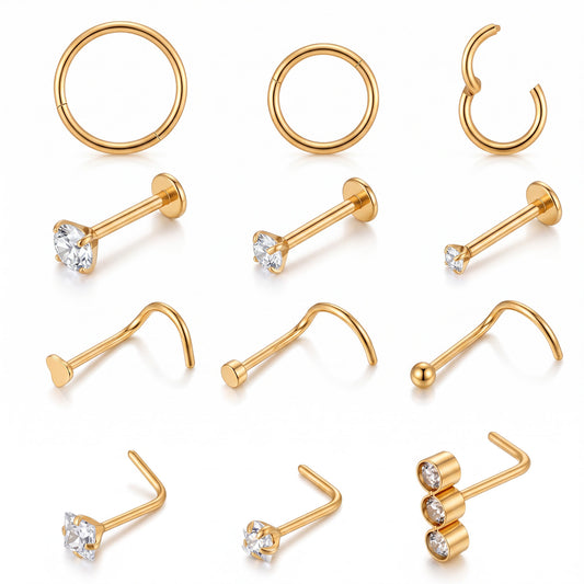 HaiFafafaing Gold Nose Rings For Women, 14K Gold Nose Piercing, Lip Septum Clicker Ring, CZ Screw L Shaped Stud, Threadless Flat Back Stud Nostril Piercing Jewelry Set