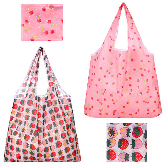 Foldable Reusable Shopping Bags - 2 Pack Large Reusable Grocery Bags, Washable Polyester Tote with Handles, Eco-Friendly and Compact for Travel & Daily Use (Pink & Red)