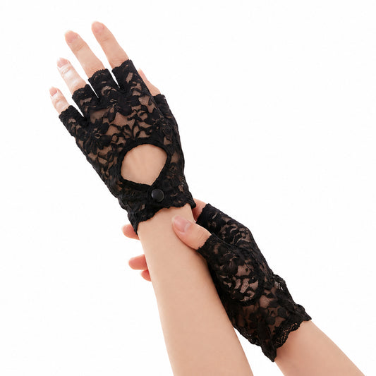 Women's Black Lace Keyhole Fingerless Gloves Elegant Short Novelty Gloves
