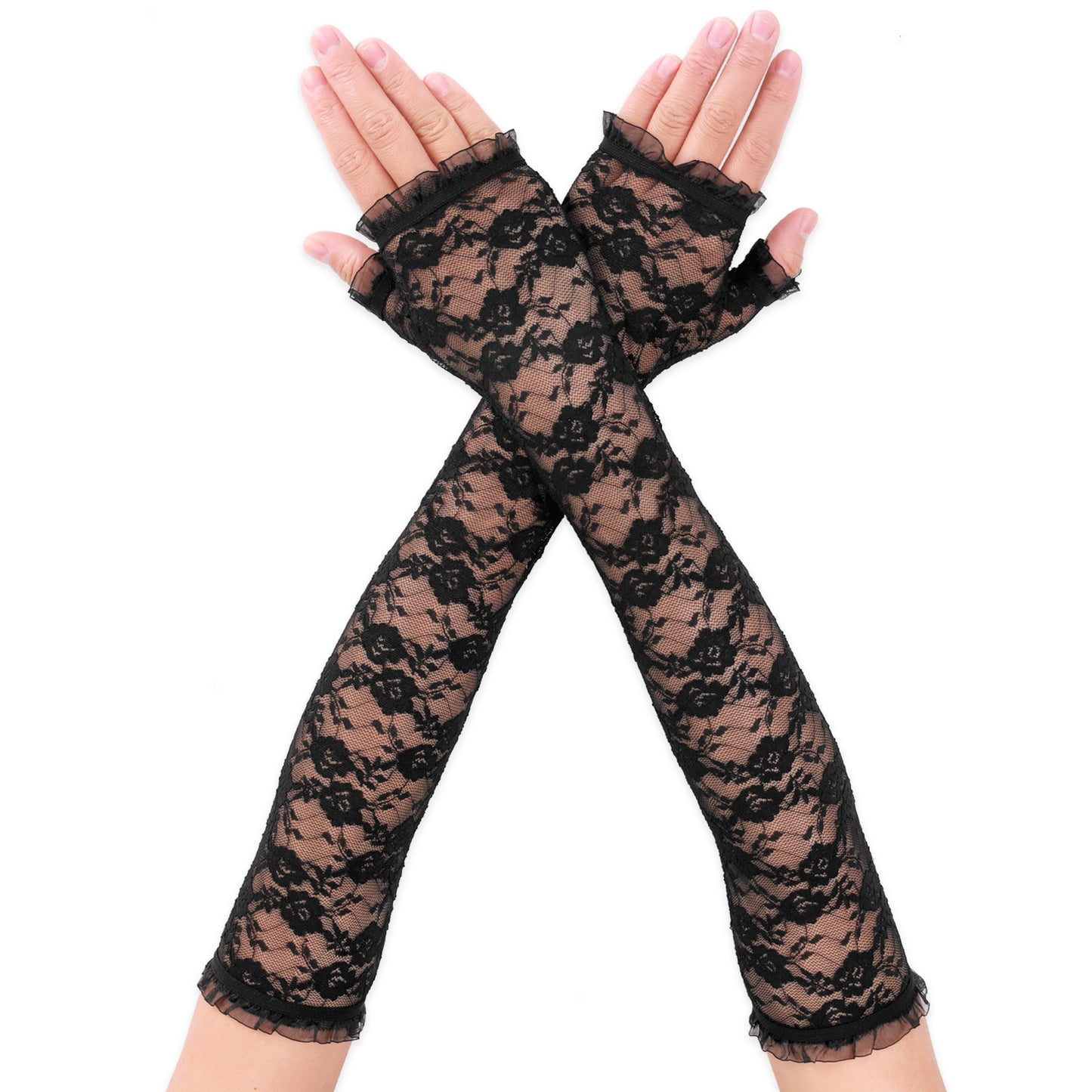Lusofie Long Lace Gloves Formal Fingerless Women Halloween Black White Gloves Bridal Elbow Length Lace Floral Gloves for Wedding Tea Party Pattern Engagement Dress Prom Arm Sleeves(Black)