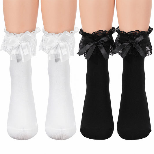 Josojoou 2 Pairs Lace Ruffle Frilly Sock for Women, Lace Womens Ruffle Socks with Bow, Princess Cotton White Frilly Socks for Pairing with Lolita Dresses And loafers Shoes(Black White)