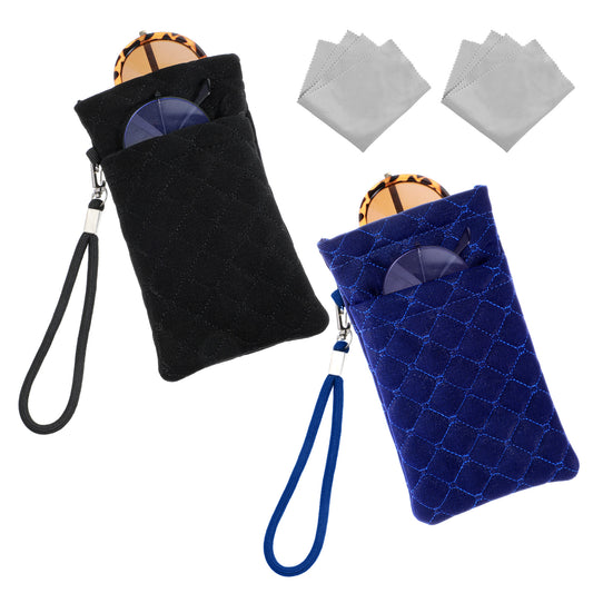 Double Eyeglass Cases for Women - Soft Eyeglass Cases with Detachable Strap, Sunglasses Pouch for Travel - Holds 2 Pairs of Glasses with Two Glasses Cloths(Blue & Black)
