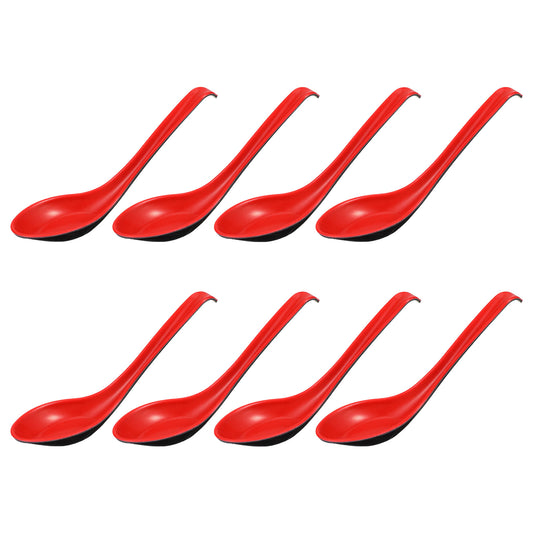 8 Pcs Asian Soup Spoons, Ramen Spoon, Japanese Soup Spoon, Chinese Won Ton Spoons with Long Handle and Hook for Soba, Rice, Pho, Ramen, Noodle(Red and Black)