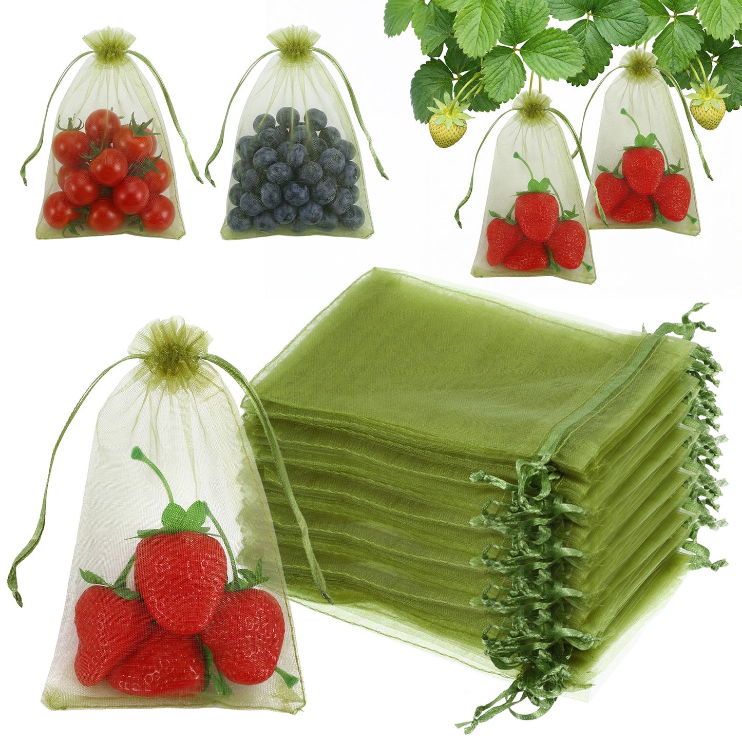 100 Pcs Green Fruit Protection Bags 4 x 6 Inch Drawstring Mesh Netting Cover Reusable Organza Pest Barrier Protective Bags for Strawberry Blueberry Plant Flower Vegetable Fruit Tree Garden Supplies