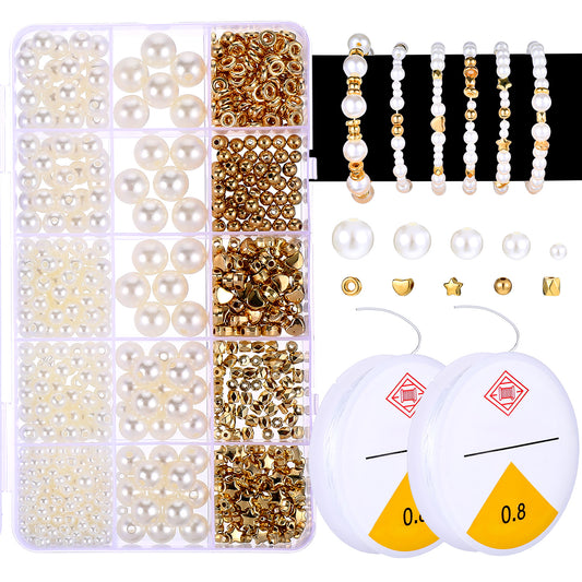 Tucnoeu Pearl Beads for Jewelry Making,720PCS Pearl Beads for Bracelets,Small Pearl Beads and Gold Beads Beading Kit for DIY Crafts,Jewelry Making Kit
