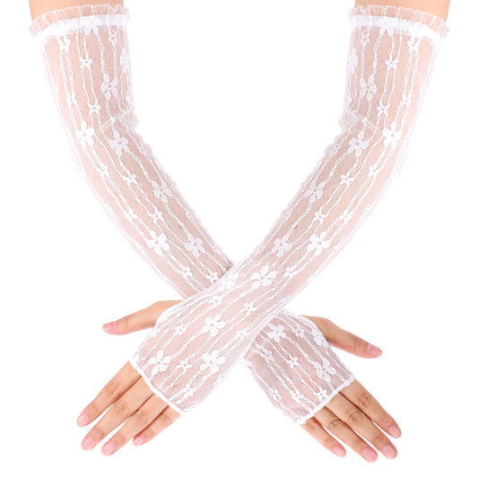 Josojoou Women's Long Lace Fingerless Elbow Length Floral Gloves White Long Tulle Wedding Gloves for Halloween Costume Tea Party Bridal Wedding Cosplay Prom