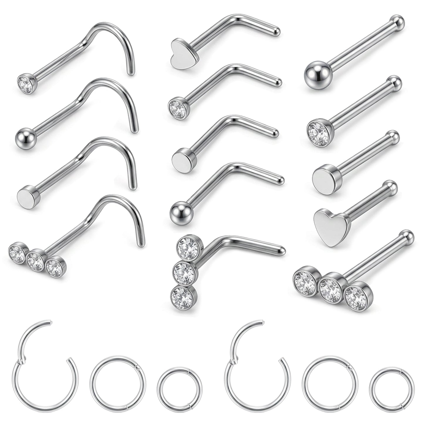 20Pcs Surgical Steel Nose Ring 16G/18G Silver Nose Hoop for Women Men
