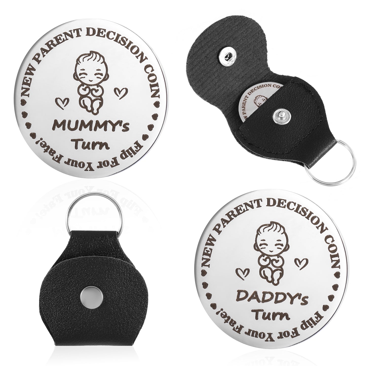 New Parents Decision Coin with Leather Keychain,Funny Newborn Baby Gifts,Double-Sided Flip Decision Coin,Stainless Steel Silver Coin for Couples Flip Coin Pregnancy Gift for First Time to Be Dad Mom