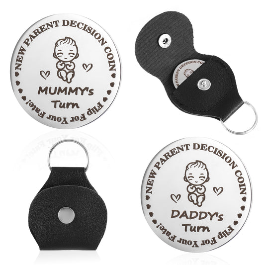 New Parents Decision Coin with Leather Keychain,Funny Newborn Baby Gifts,Double-Sided Flip Decision Coin,Stainless Steel Silver Coin for Couples Flip Coin Pregnancy Gift for First Time to Be Dad Mom