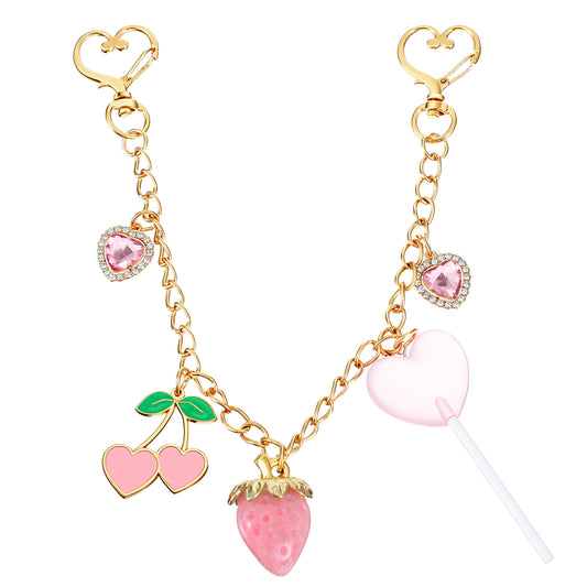 Yolev Pink Bag Charm Chain,Fashion Purse Chain Charm,Pink Cherry Lollipop Heart Strawberry Bag Charm with Heart Buckle Bag Chains for Handbags Women Purse Decor Accessories