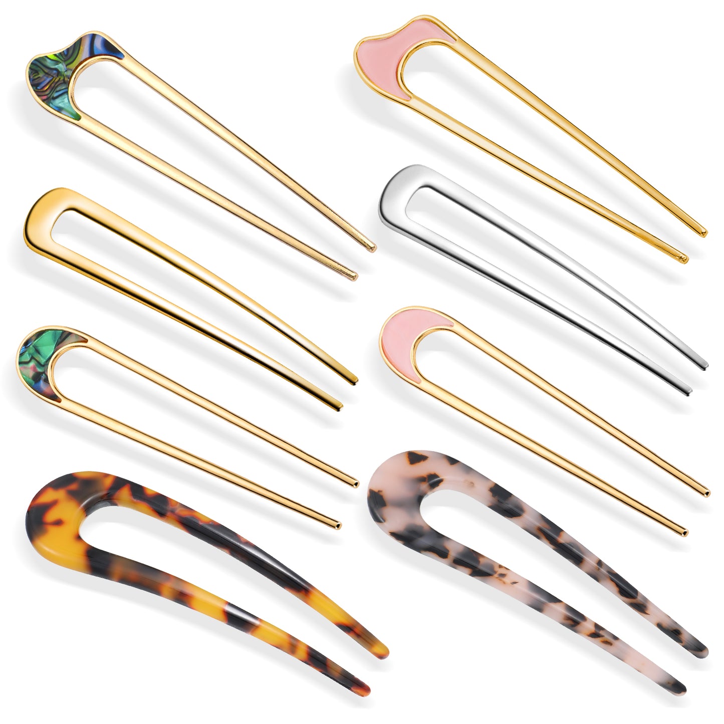 Yolev 8 Pieces U-shaped French Hair Pins Metal Chignon Hair Pins Acetate 2 Prong Bun Updo Hair Fork Hair Sticks Hairstyle Accessories for Women