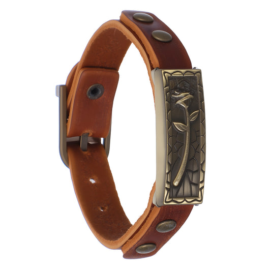 Neyauo Boho Leather Bracelets for Women and Men, Brown Vintage Bracelet with Rose Metal Decorative Blocks Handmade Leather Wristband