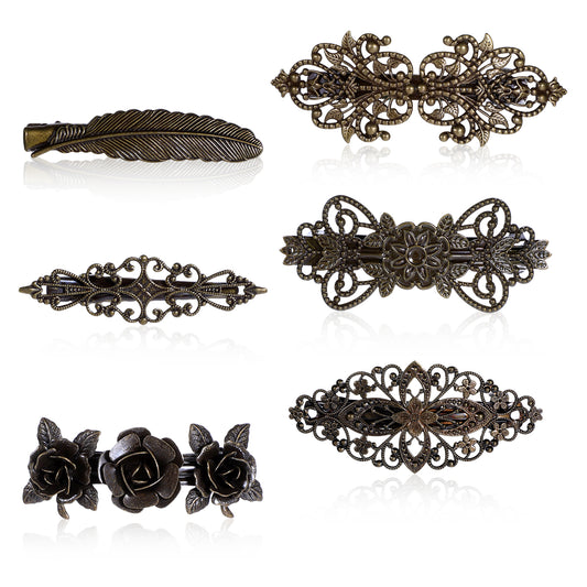 Vintage Hair Barrettes for Women 6 Pcs Retro French Flower Hair Clips Metal Bronze Barrettes Vintage Hair Accessories Floral Feather Hair Pins for Women Hair Decorative Styling Tool