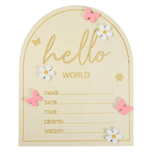 Hello World Newborn Sign,Wooden Birth Announcement Sign,Pink Butterfly Newborn Birth Announcement Board,White Flower Hospital Birth Stats Sign for Newborn Boys Girls Photo Props Baby Shower