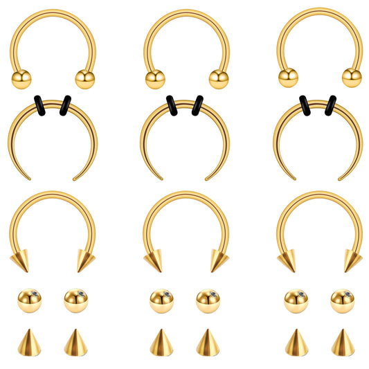 HaiFafafaing 9PCS Horseshoe Septum Rings 16g GoldSurgical Steel Nose Septum Jewelry with Balls & Spikes Snake BiteHorseshoe Earring Hoop Eyebrow Tragus Lip Ring for Women Men Gold